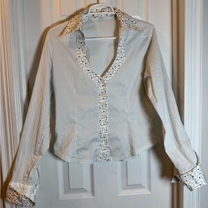 Rayure Paris Women’s Pin Striped Embroidered Black+White Button Down Top Size M